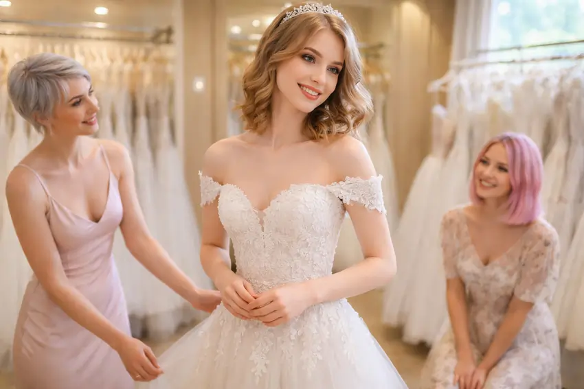 Femboy probiert ein weißes Brautkleid in einem Brautmodengeschäft in Berlin mit Freunden